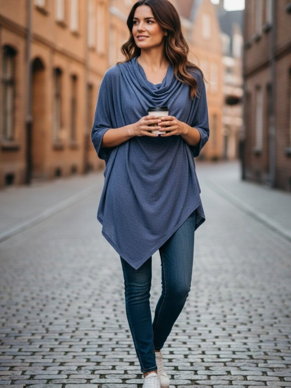 Anthropologie Saturday Sunday Blue Draped Poncho Cowl Neck Top One Size